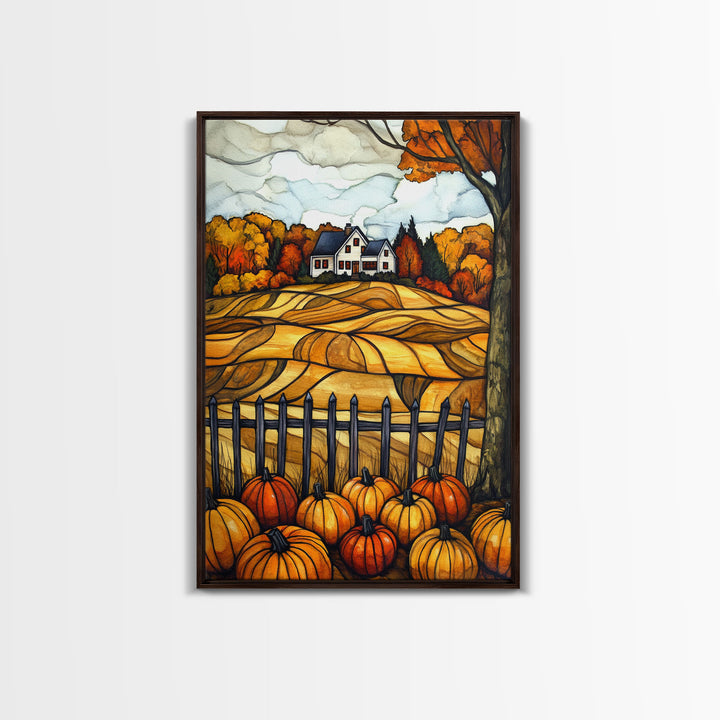 Cozy Fall Farmhouse With Pumpkins Framed Canvas Print Autumn Wall Art Country Farmhouse Decor Best Gift Idea Above Sofa Seasonal Art