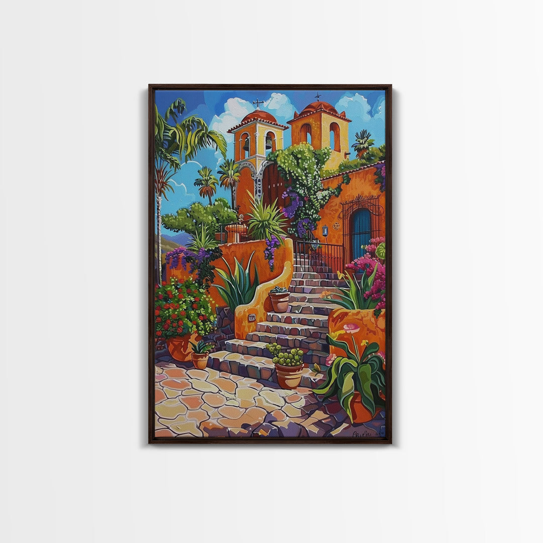 Spanish Mission With Palm Trees And Flowers Framed Canvas Print Colorful Home Decor Best Gift Bright Seasonal Art Above Sofa Wall Art