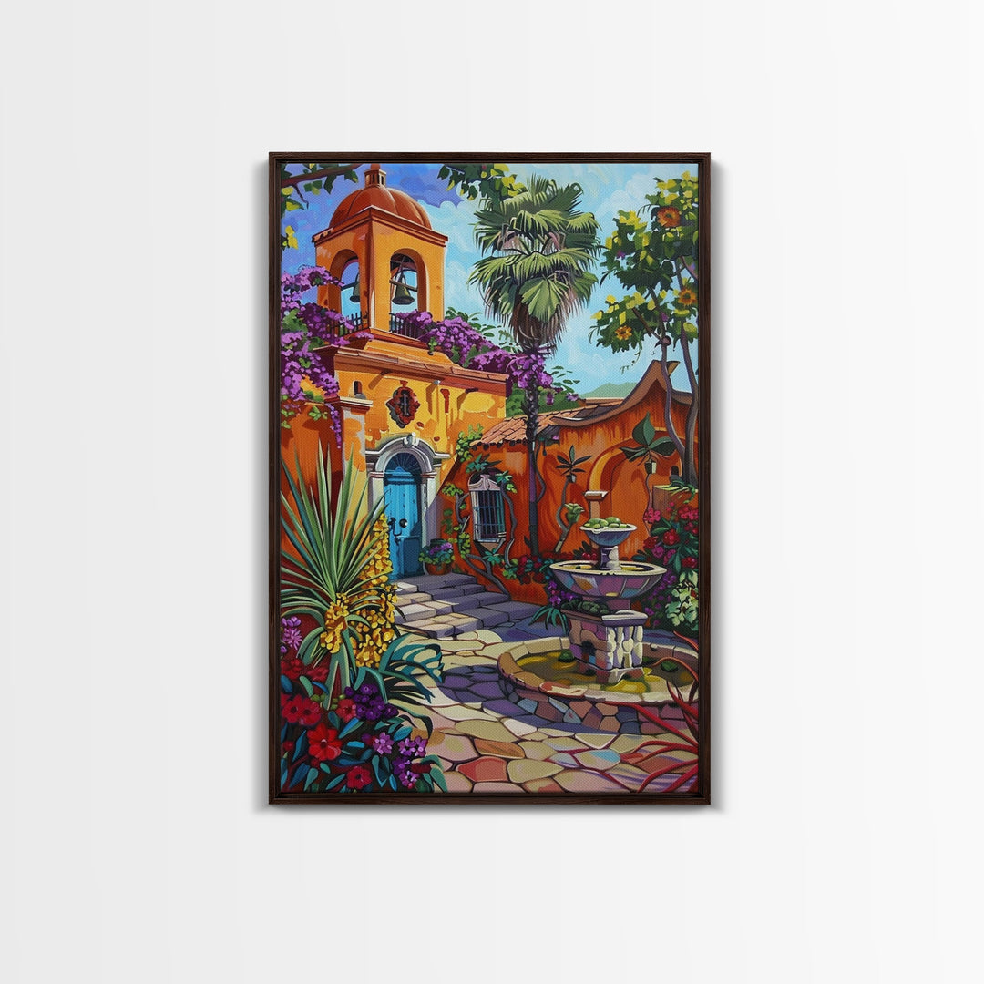 Vibrant Mexican Style Architecture Framed Canvas Print Tall Art Featuring Colorful Homes And Nature