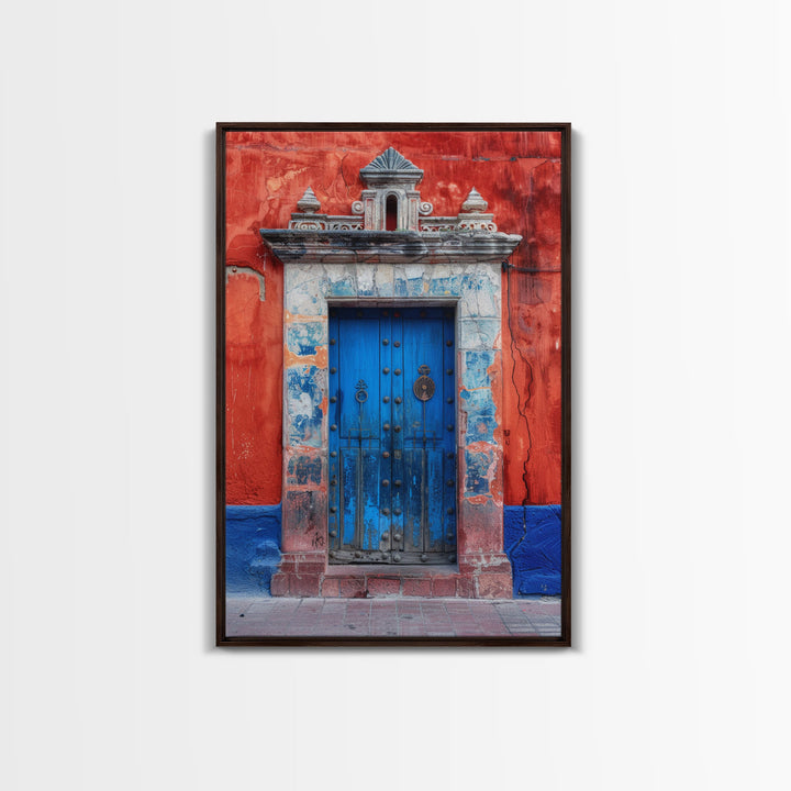 Tall Art Framed Canvas Print Of Mexican Style Blue Door And Red Walls With Vibrant Flowers