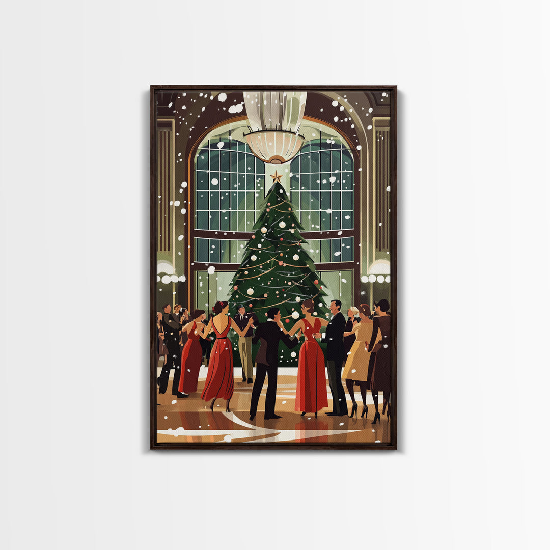 Vintage Christmas Dance in Grand Hall with Snow Falling and Large Decorated Christmas Tree, Ideal Holiday Art, Framed Canvas Print