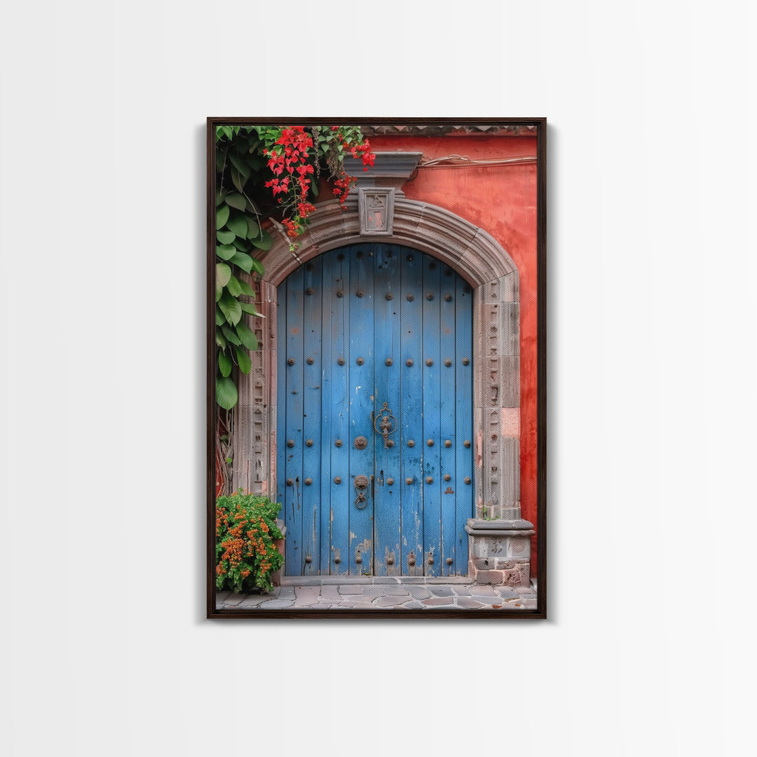 Traditional Mexican Style Rustic Blue Door Tall Art Framed Canvas Print Featuring Detailed Architecture