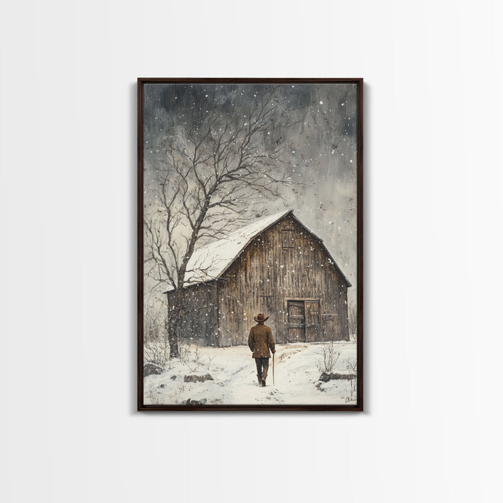 Winter Barn Snow Scene Framed Canvas Print - Moody Landscape Art Perfect Gift Idea 2024 Farmhouse Rustic Winter Wall Decor