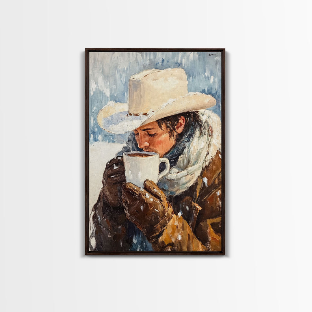 Cowboy Drinking Hot Cocoa Framed Canvas Print - Cozy Winter Wall Art 2024 Rustic Christmas Decor and Gift Idea