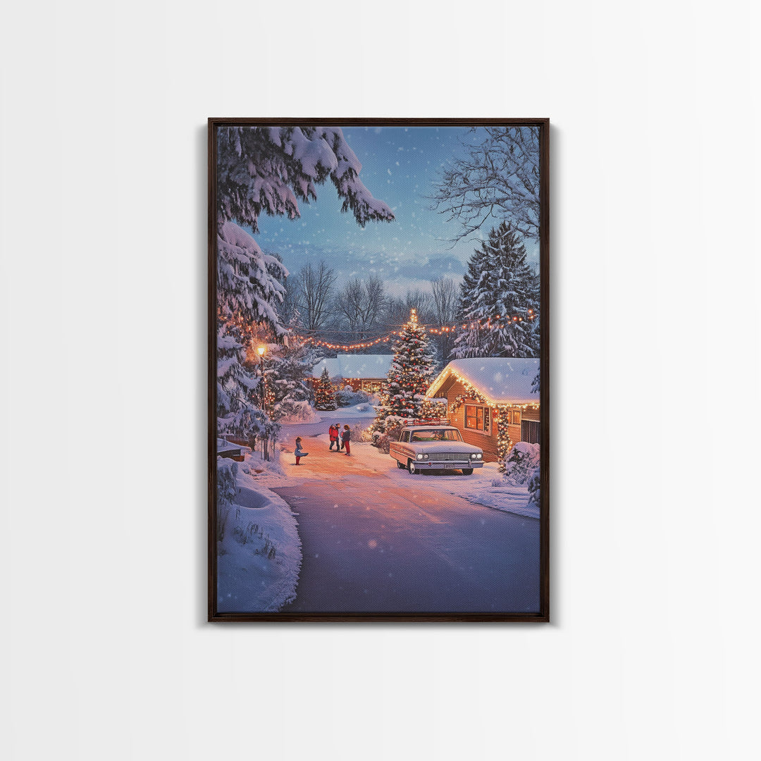 Classic Winter Christmas Neighborhood Framed Canvas Print Tall Art With Lights And Christmas Tree, Holiday Wall Art Home Decor