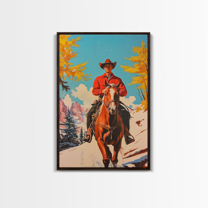 Western Cowboy on Horseback in Snowy Winter Landscape Canvas Print Vintage Christmas Wall Decor Winter Wonderland Christmas Gift Wall Art