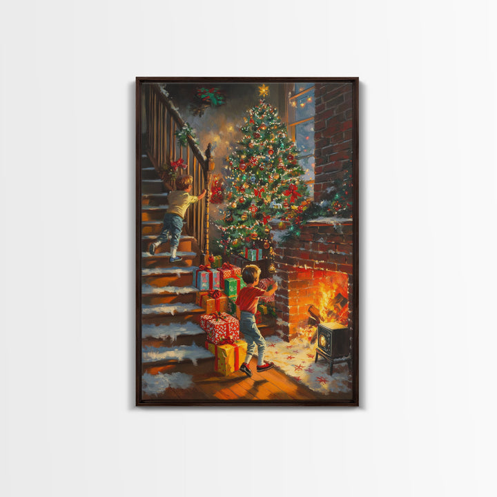 Children Hanging Stockings By The Fireplace Framed Canvas Print Tall Art With Christmas Tree, Nostalgic Christmas Wall Art Holiday Decor