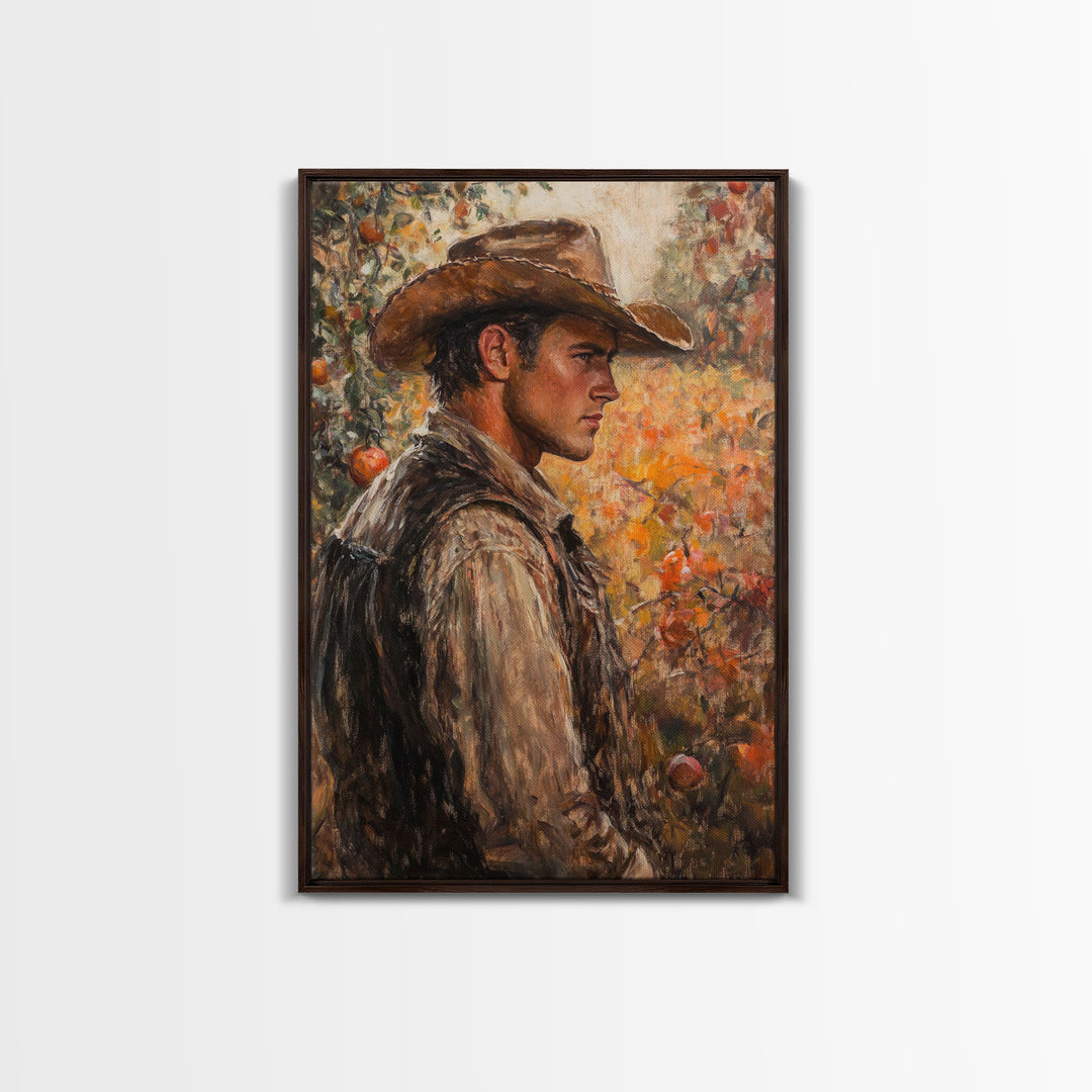 Thoughtful Cowboy in Orchard Canvas Print with Fall Colors, Rustic Western Art, Autumn Decor Gift, Vintage Wall Art, Large Canvas Print