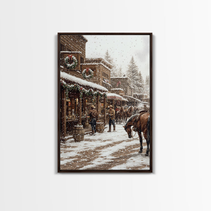 Nostalgic Cowboy Christmas Scene Framed Canvas Print Tall Art With Snowy Western Town, Rustic Wall Art Vintage Christmas Home Decor