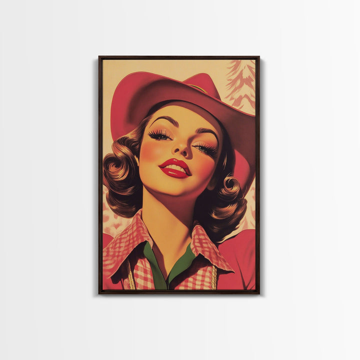 Retro 50s Style Cowgirl Wall Art, Framed Canvas, Vintage Style 50s Art, Fall or Christmas Wall Art