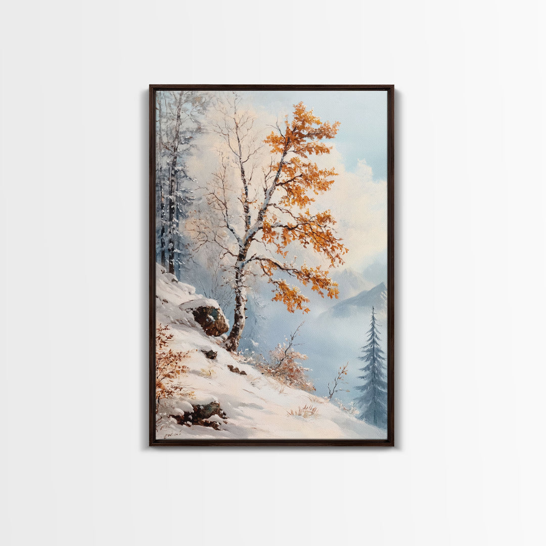 The Tree On The Mountain - Framed Canvas Print - Winter Wonderland Landscape Painting - Tall Christmas Decor