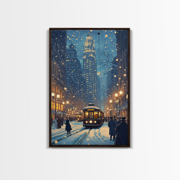 Snowy Winter City Scene Holiday Lights Framed Canvas Print Christmas Wall Art Urban Christmas Decor Holiday Gift Christmas Tree Art Gift