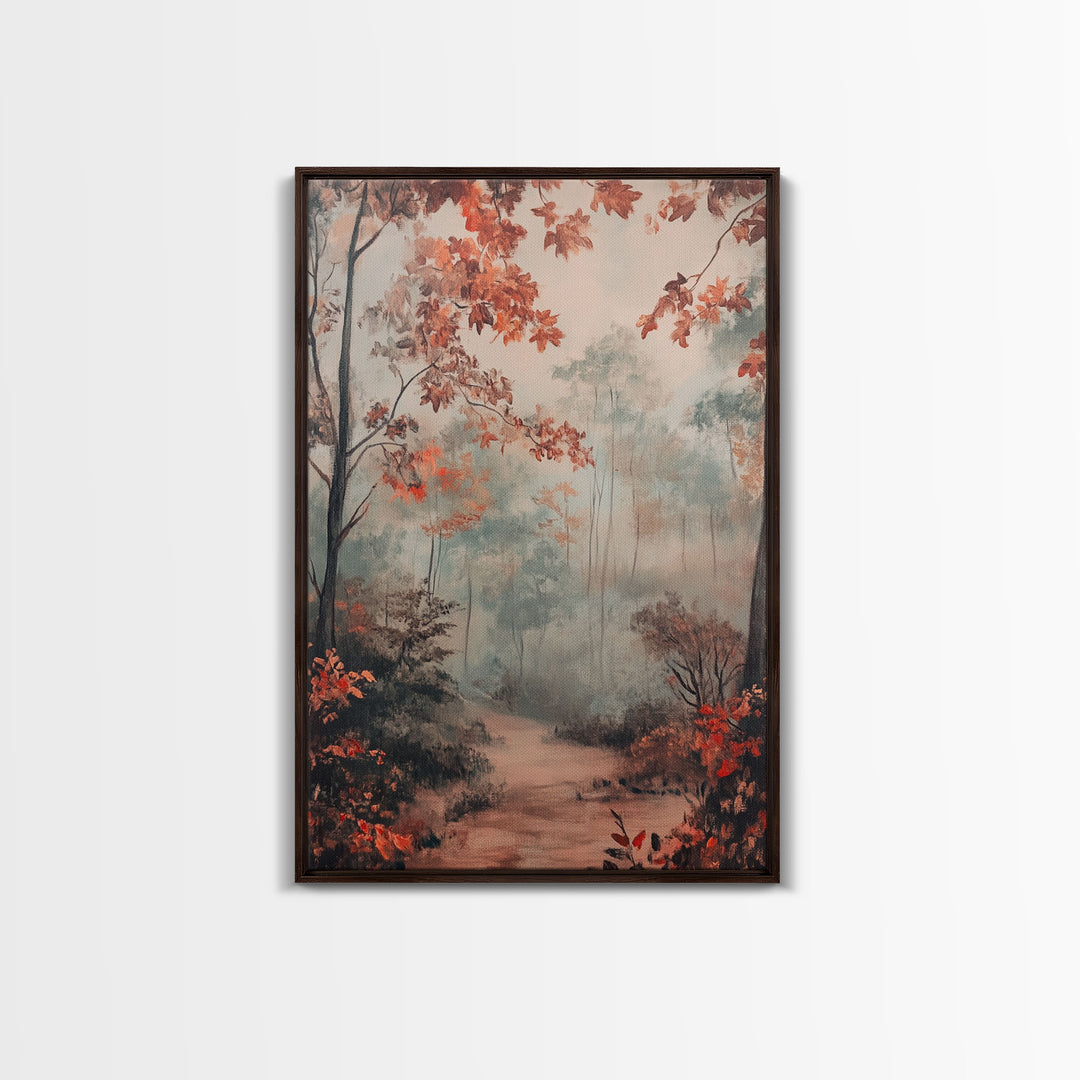 Framed Canvas Print of Autumn Pathway with Red Leaves, Seasonal Wall Art, Best Gift Idea, Modern Farmhouse Fall Decor, Moody Landscape