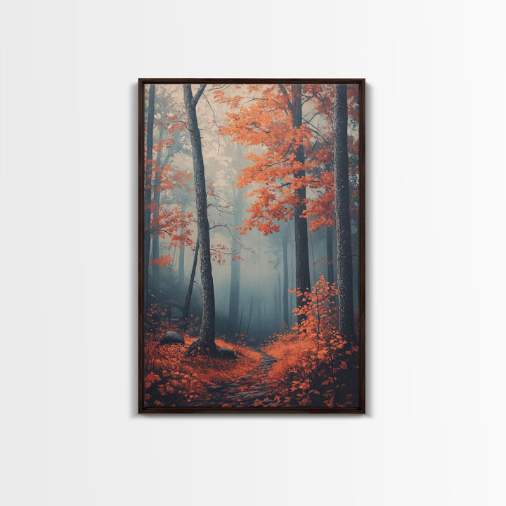 Framed Canvas Print of Misty Autumn Forest with Vibrant Red Leaves, Seasonal Wall Art, Modern Farmhouse, Gift Idea, Fall Landscape Art