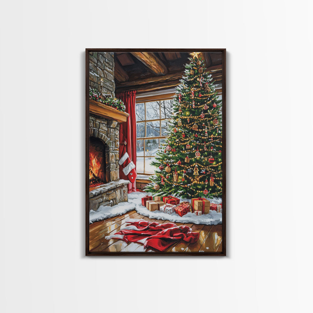 Cozy Cabin Fireplace With Christmas Tree Framed Canvas Print Christmas Wall Art Farmhouse Christmas Decor Holiday Gift Christmas Tree Art