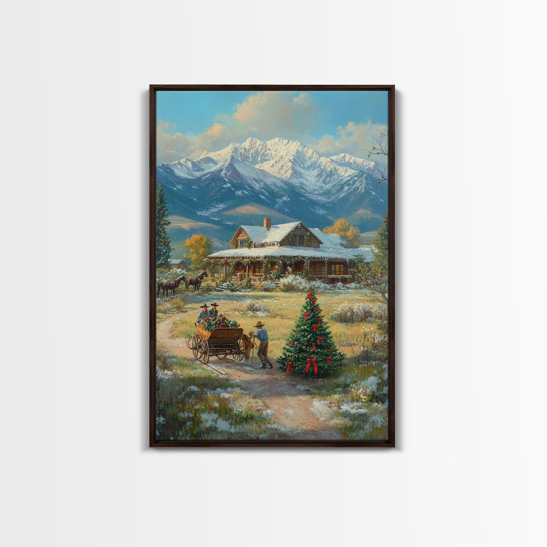 Snowy Mountain Cabin Christmas Tree Scene Framed Canvas Print Christmas Wall Art Holiday Decor Christmas Tree Art Winter Landscape Gift Idea