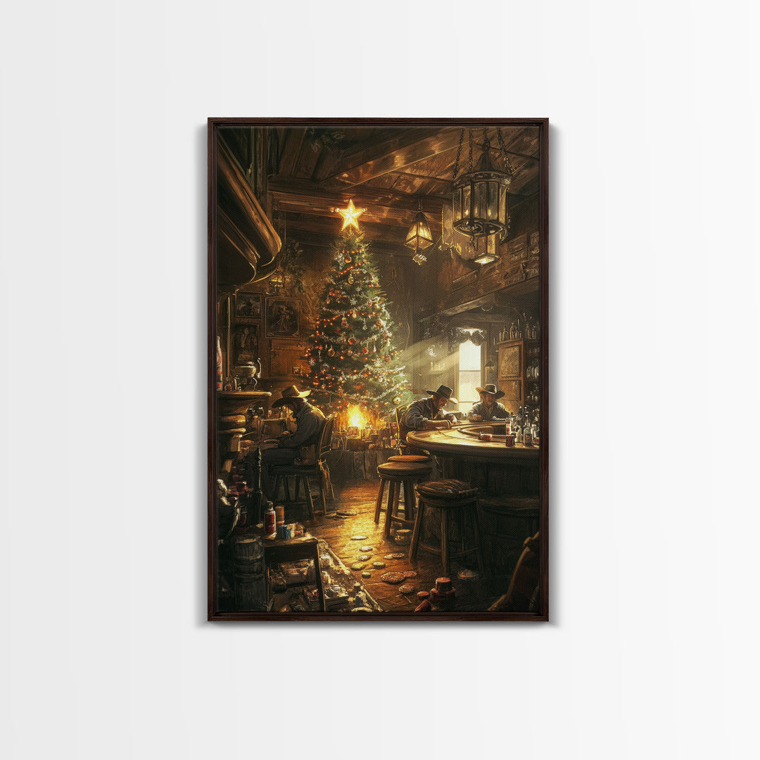 Rustic Western Tavern Christmas Tree Scene Framed Canvas Print Holiday Wall Art Christmas Decor Western Christmas Gift Rustic Holiday Art