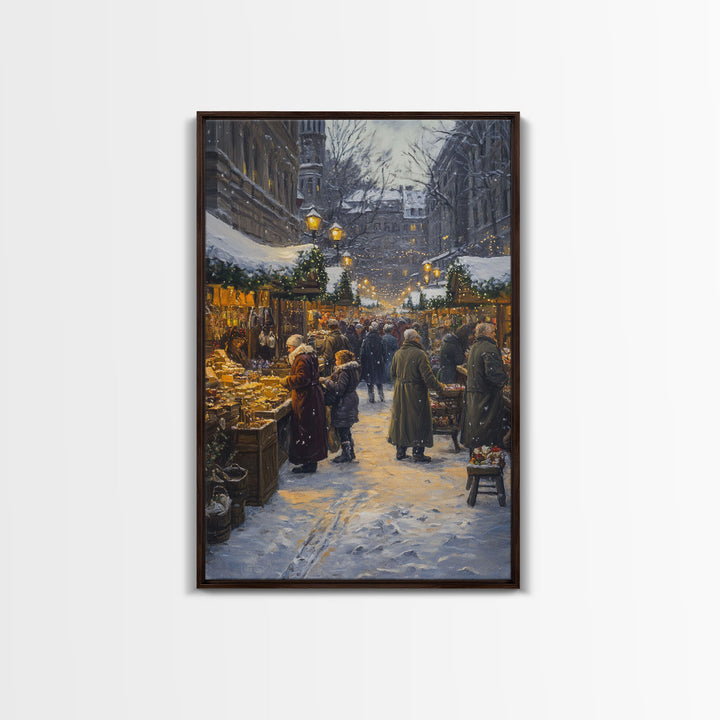 Snowy Christmas Market Scene Framed Canvas Print Christmas Wall Art Holiday Decor Christmas Tree Art Vintage Christmas Holiday Gift Idea