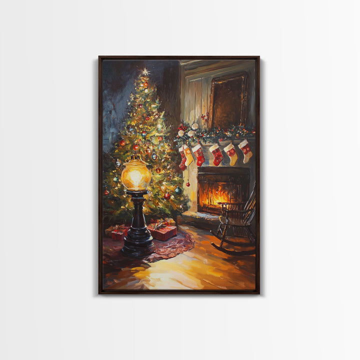 Vintage Christmas Tree And Fireplace Scene Framed Canvas Print Warm Holiday Decor With Stockings And Glowing Lights Christmas Wall Art