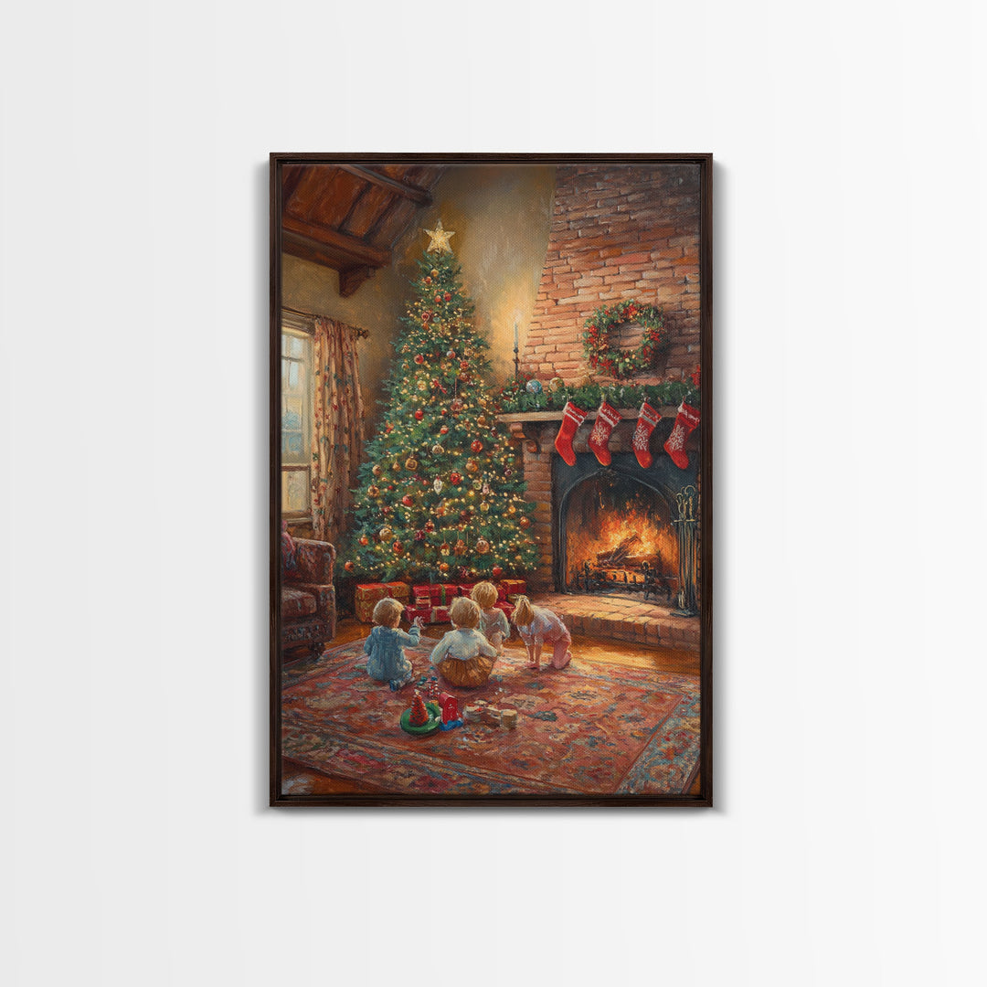 Children By Fireplace And Christmas Tree Framed Canvas Print Cozy Holiday Home Decor With Warm Fire And Festive Decorations Christmas Art