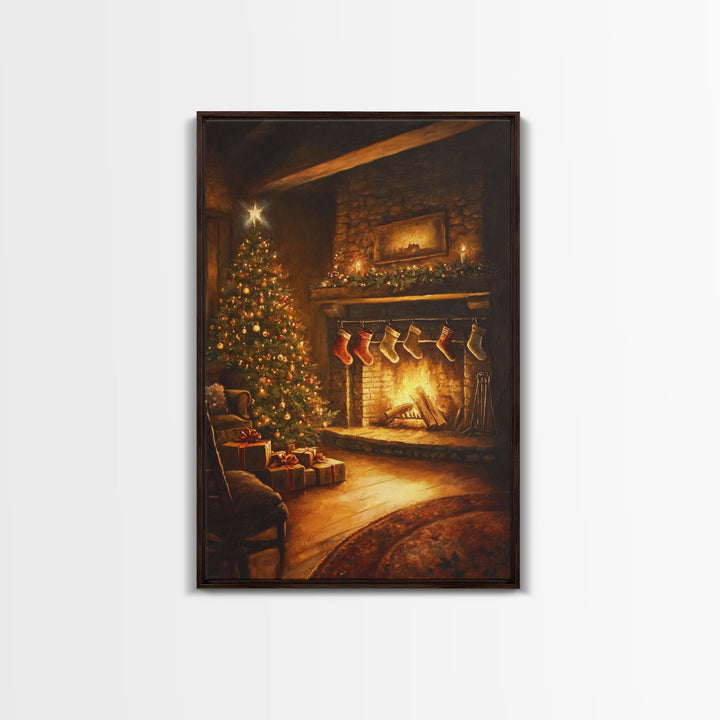 Rustic Cabin Fireplace With Christmas Tree Framed Canvas Print Warm Holiday Decor With Stockings And Christmas Lights Christmas Wall Art