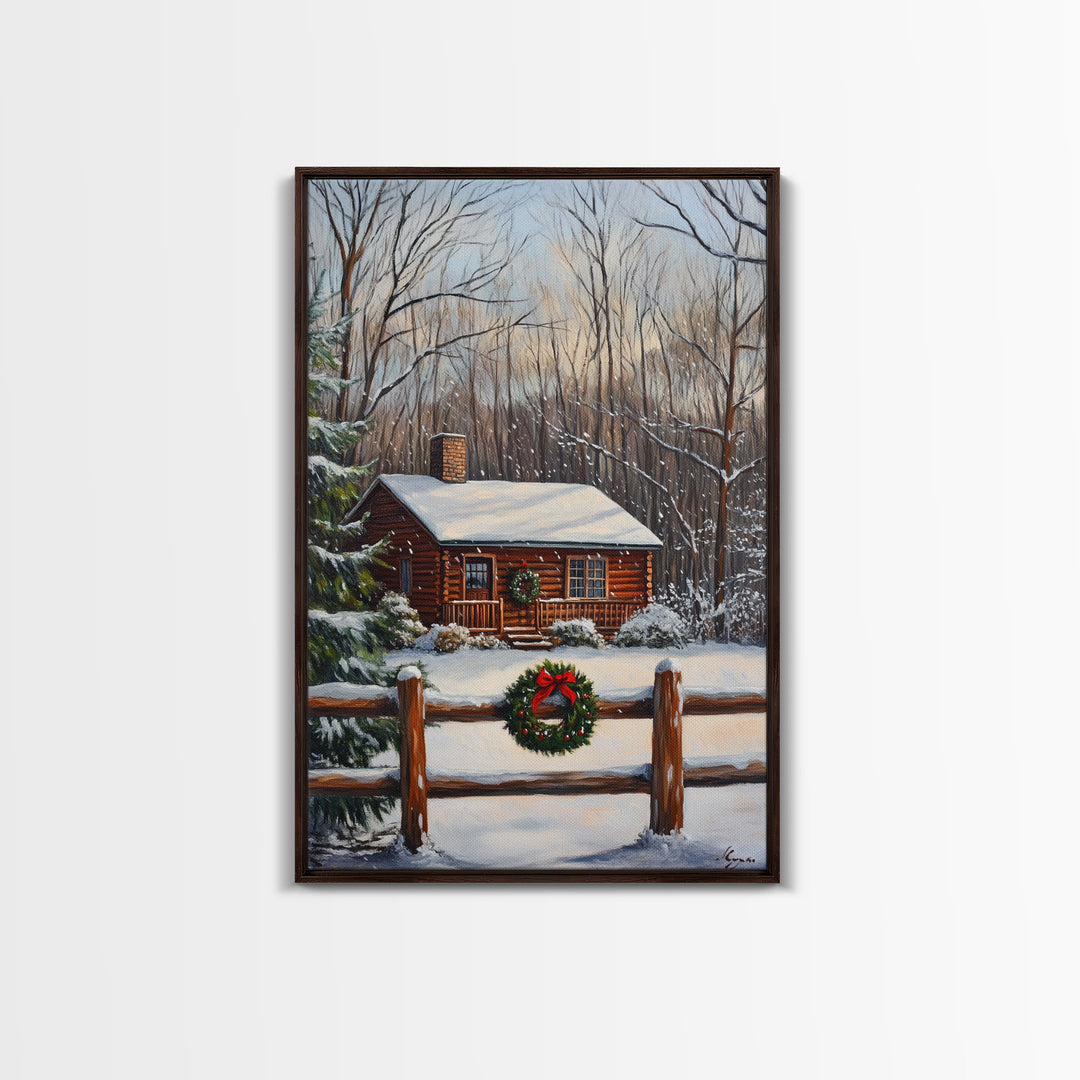 Snowy Log Cabin With Wreath And Fence Framed Canvas Print Rustic Winter Scene With Cozy Cabin In Snow Perfect Christmas Home Decor Wall Art