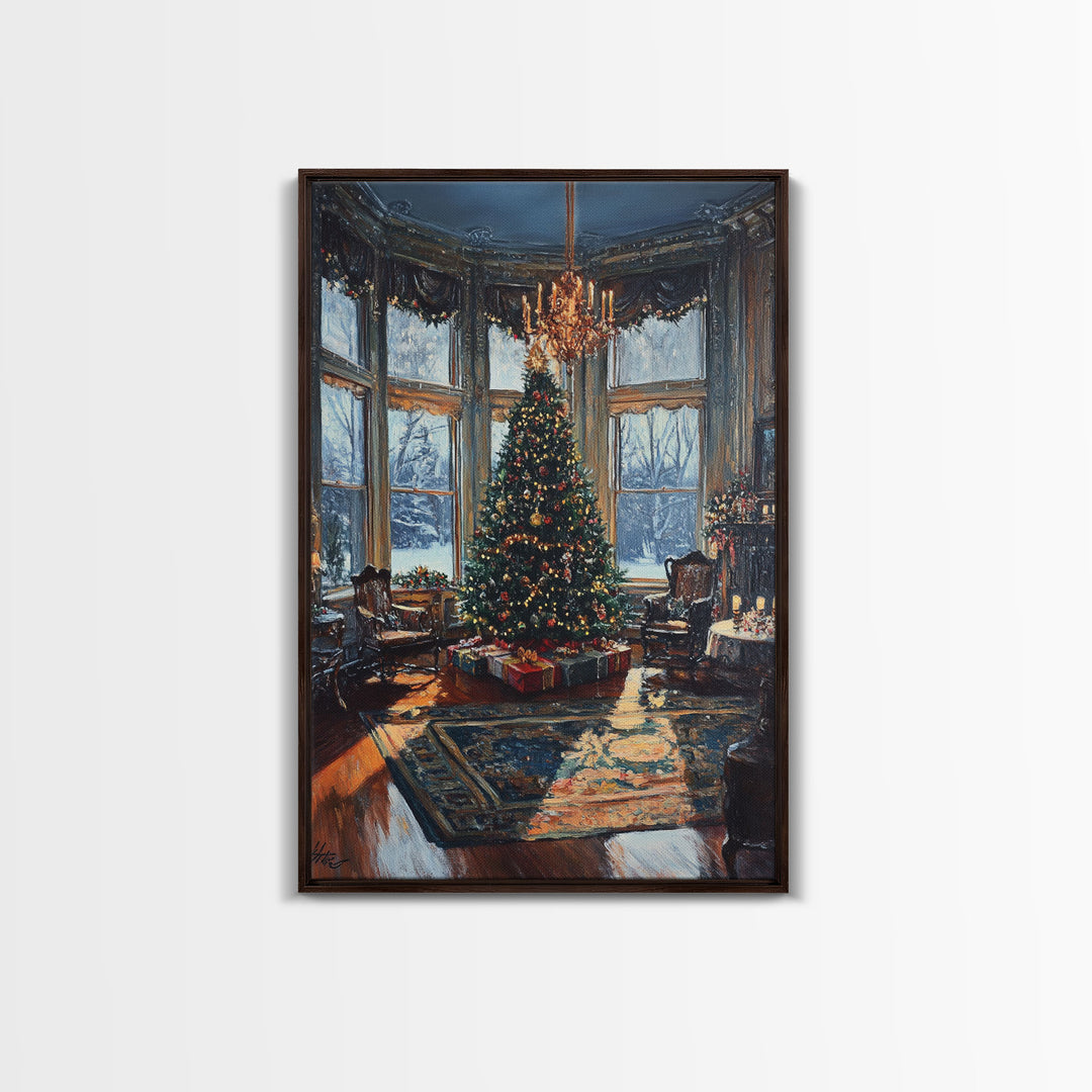 Grand Victorian Christmas Tree In Luxury Room Framed Canvas Print Classic Holiday Home Decor With Snowy Window And Festive Lights Wall Art