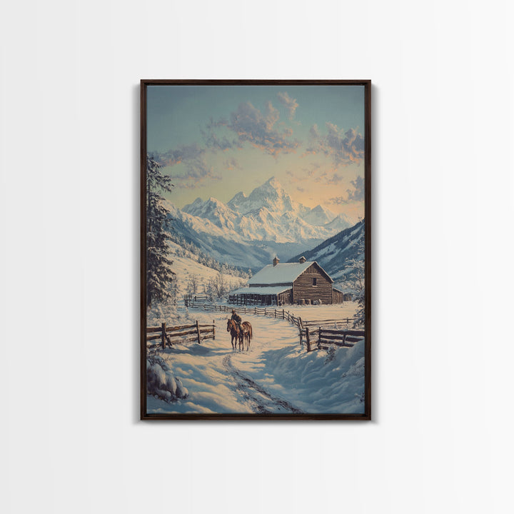 Winter Ranch Scene With Horses Framed Canvas Print Snowy Mountain Landscape Rustic Country Christmas Art Perfect For Farmhouse Wall Decor