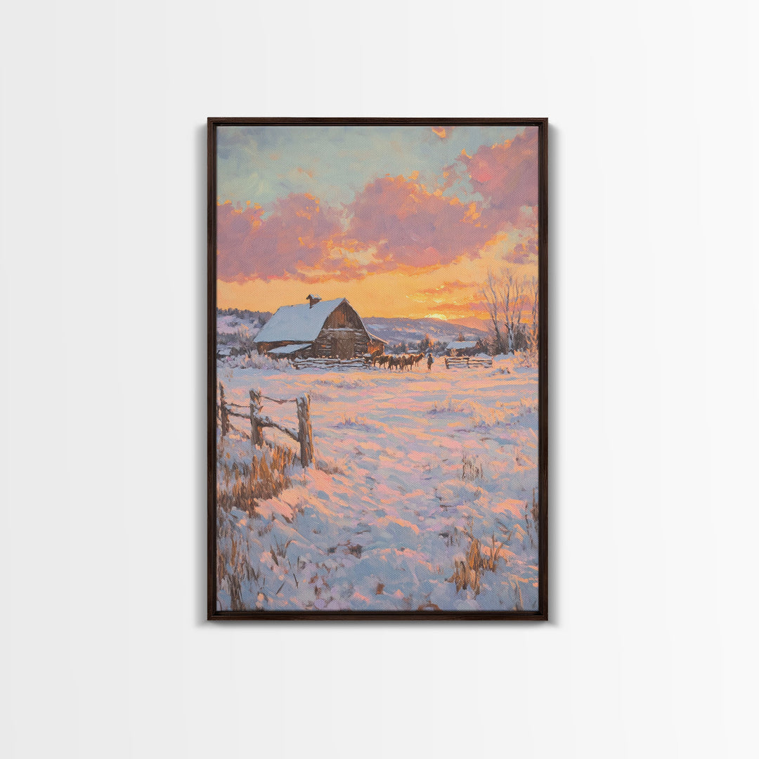 Sunset Over Snowy Ranch Framed Canvas Print Winter Wonderland Scene With Cabin In Snow Christmas Home Decor And Winter Landscape Art