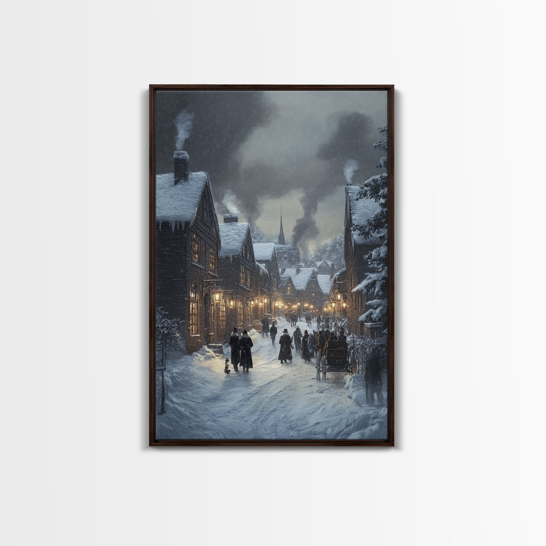 Traditional Victorian Christmas Village in Snow, Classic Christmas Wall Decor for Winter Wonderland Theme, Framed Canvas Print