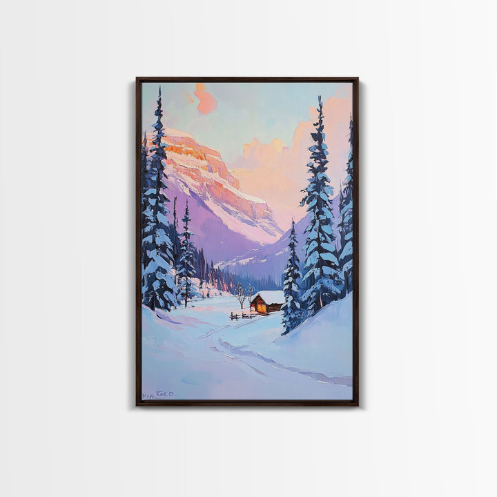 Snowy Cabin at Sunset Framed Canvas Print, Cozy Mountain Retreat with Snow-Covered Pines, Winter Landscape Art for Decor and Rustic Wall Art