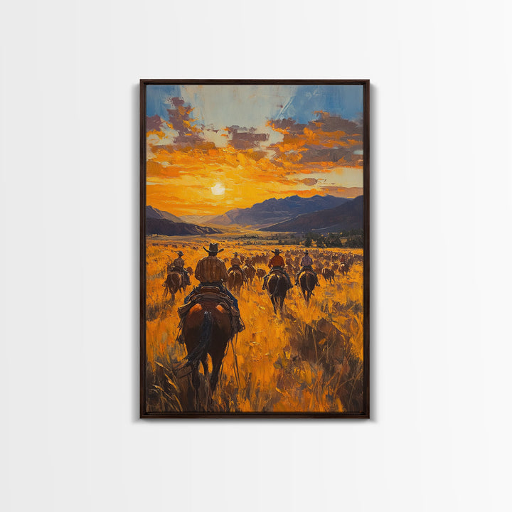 Cowboy Riders at Dusk Framed Canvas Print, Warm Sunset Western Scene with Riders on the Plains, Fall Decor Ranch Homes and Country Wall Art