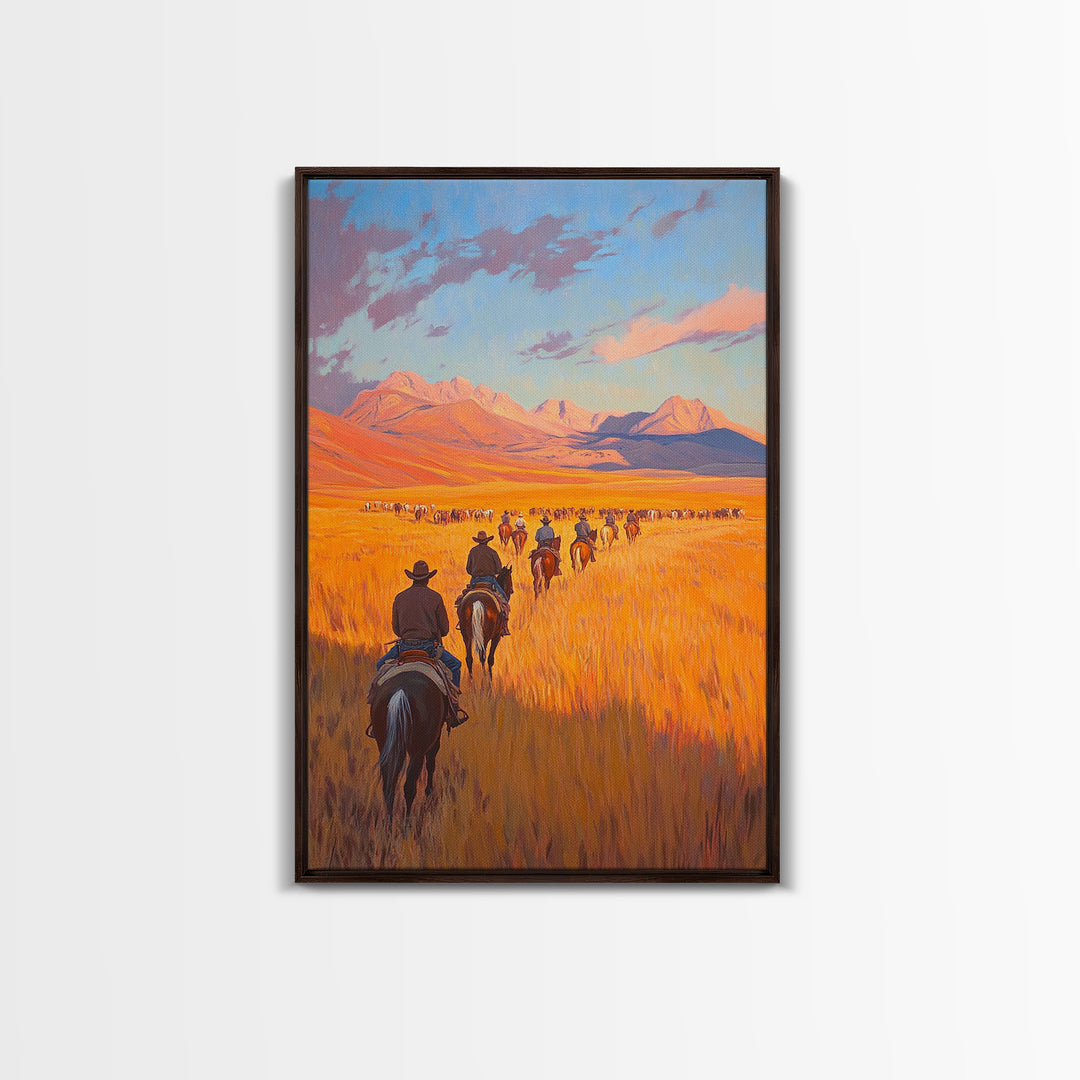 Cowboy Campfire Framed Canvas Print, Evening Gathering with Riders Around Fire, Western Landscape Art for Fall or Winter Home Decor