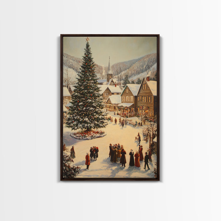 Victorian Christmas Village Framed Canvas Print, Festive Winter Scene Large Christmas Tree, Wall Art for Vintage Country or Farmhouse Decor