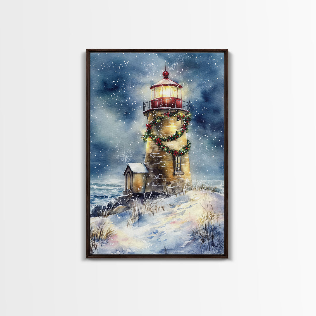 Snowy lighthouse under moonlit sky with wreath, Framed Canvas Print, beach Christmas decor for winter wonderland, holiday wall art