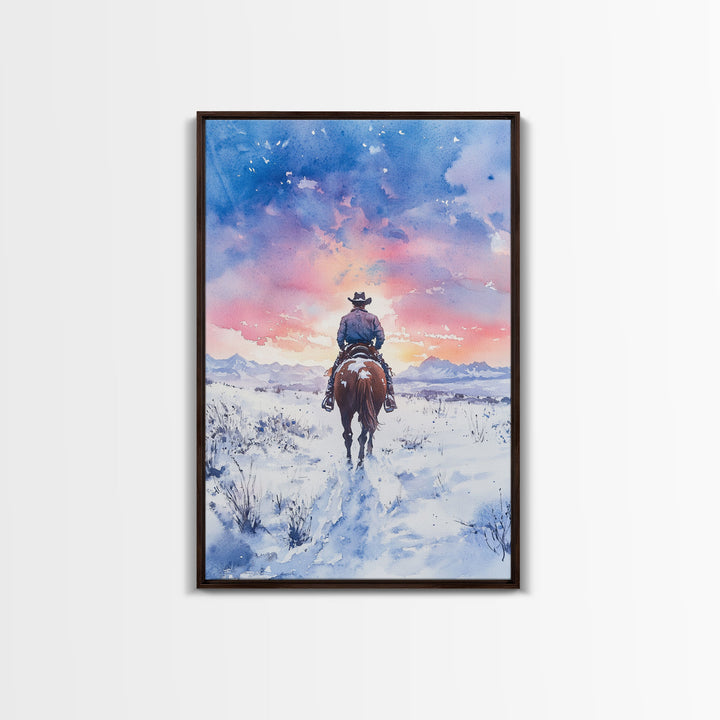 Cowboy riding through snowy sunset, Framed Canvas Print, winter landscape wall art, western decor for above sofa, rustic holiday decor