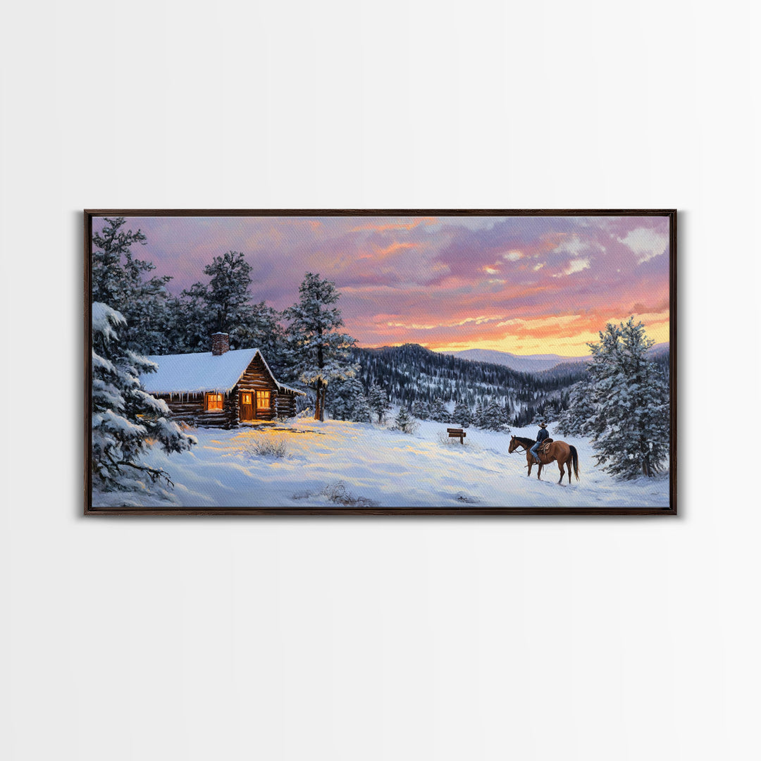 Large Cabin Winter Scene Framed Canvas Print Perfect Wall Art Home Decor, Rustic Christmas Art, Winter Art Print Gift Seasonal Wall Decor