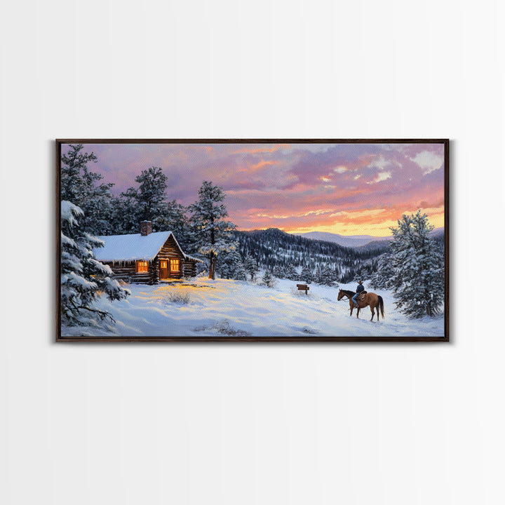 Large Cabin Winter Scene Framed Canvas Print Perfect Wall Art Home Decor, Rustic Christmas Art, Winter Art Print Gift Seasonal Wall Decor