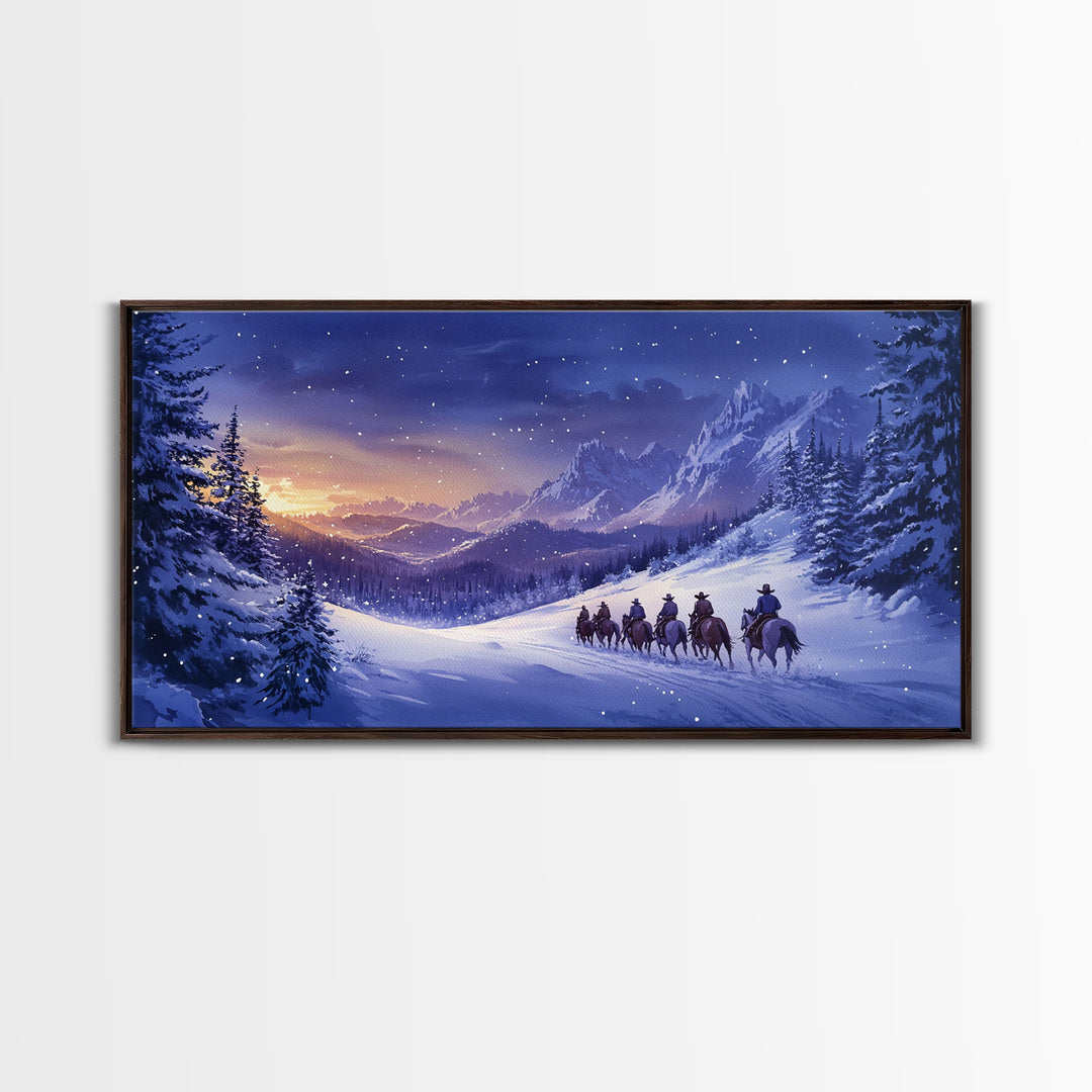 Winter Wonderland Cowboy Canvas Print, Snowy Mountain Landscape Art, Rustic Christmas Decor, and Holiday Western Themed Wall Art