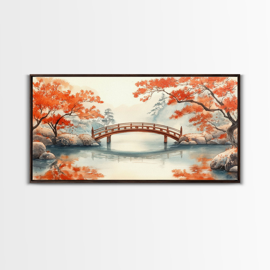 Tranquil Japanese Autumn Bridge Framed Canvas Print Fall Nature Scene Art Minimalist Wall Decor Seasonal Holiday Gift Idea 2024