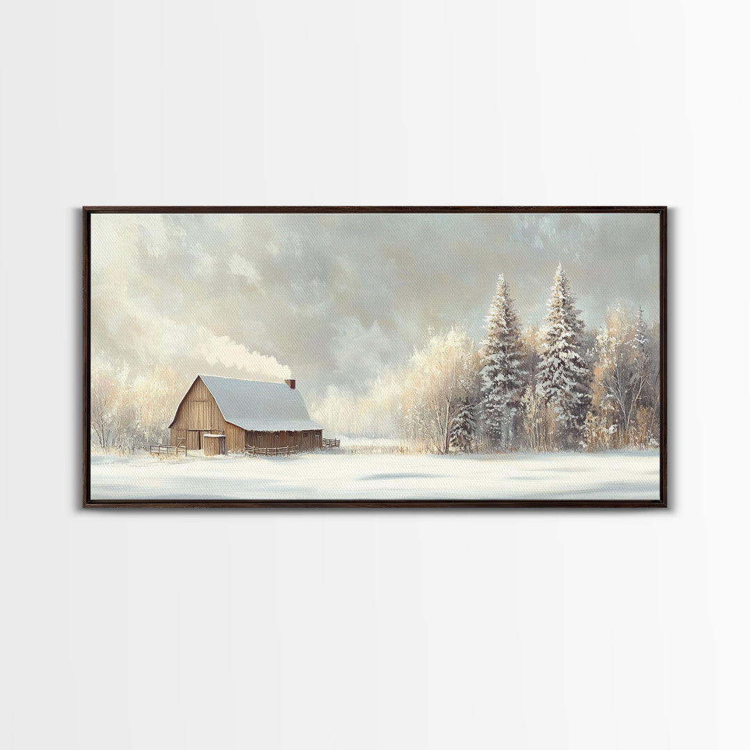 Snowy Barn In Winter Wonderland Tall Art Framed Canvas Print Tranquil Rustic Barn Covered In Snow With Pine Trees Winter Landscape