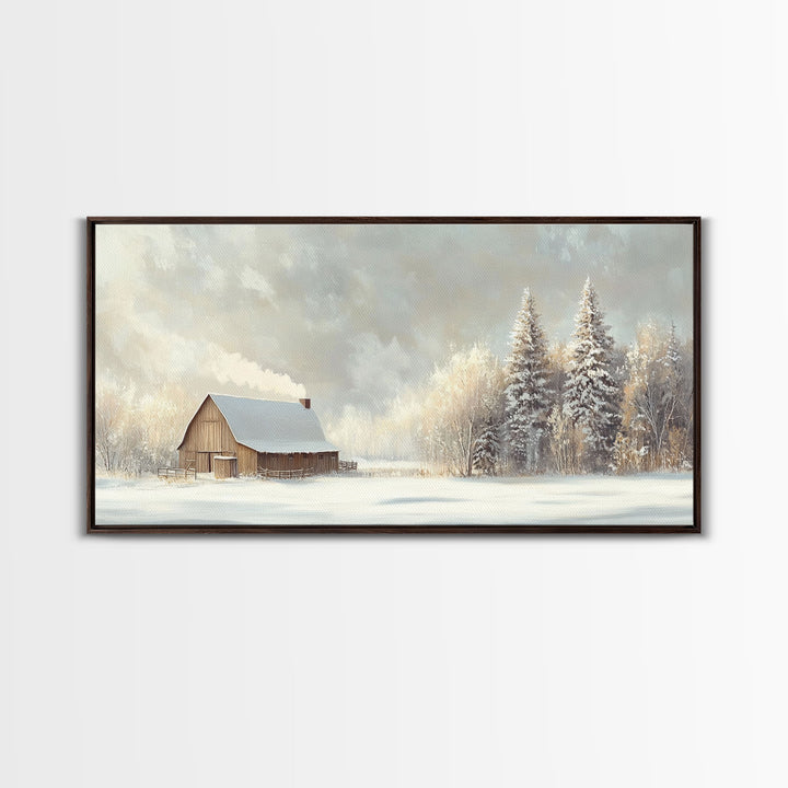 Snowy Barn In Winter Wonderland Tall Art Framed Canvas Print Tranquil Rustic Barn Covered In Snow With Pine Trees Winter Landscape