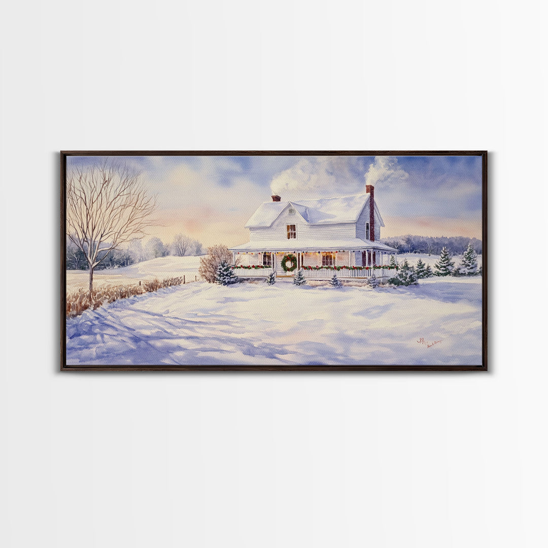 Farmhouse Christmas decor Framed Canvas Print snowy white farmhouse with wreath winter wonderland holiday decor best gift Christmas wall art