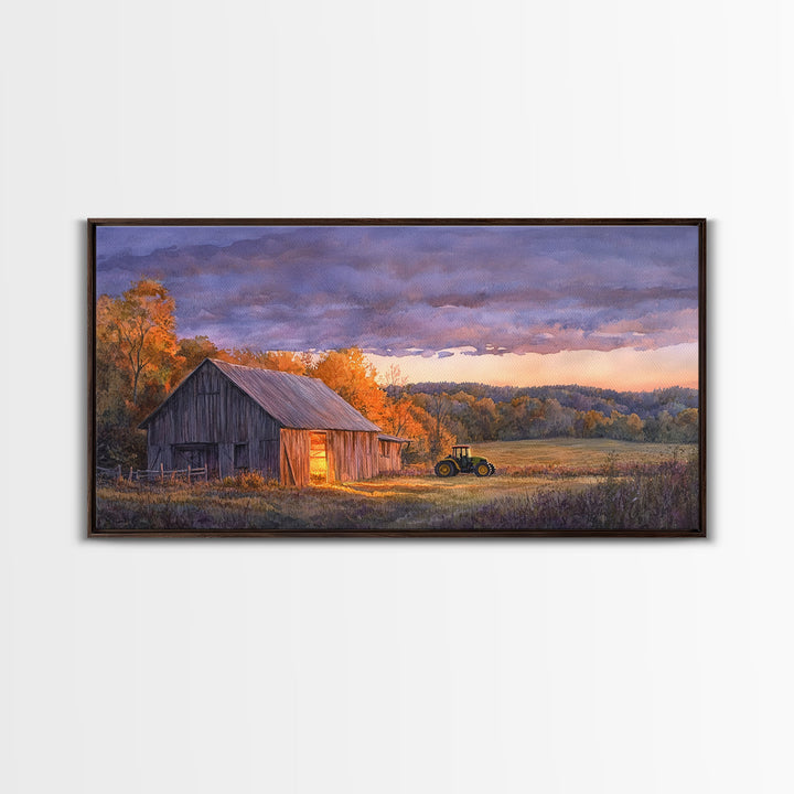 Rustic autumn farmhouse decor Canvas Print sunset landscape with tractor and barn moody landscape fall decor autumn wall art gift idea