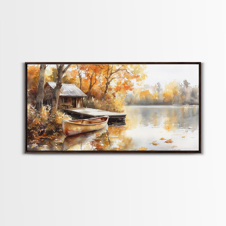 Autumn lakeside cabin decor Canvas Print fall colors cabin and canoe moody landscape rustic seasonal wall art autumn home decor gift idea