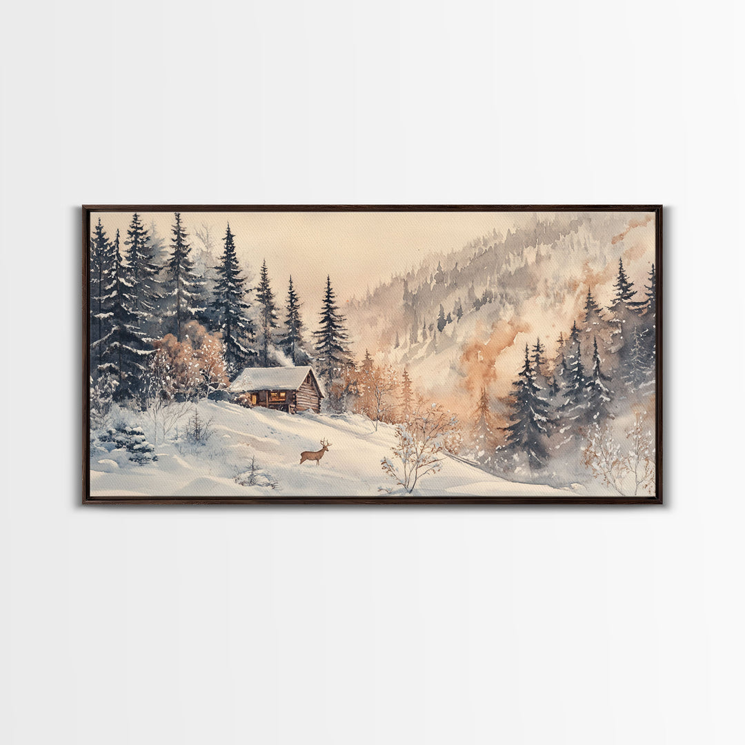 Christmas winter cabin Canvas Print snowy mountain cabin deer cozy holiday wall art winter wonderland seasonal decor Christmas gift idea