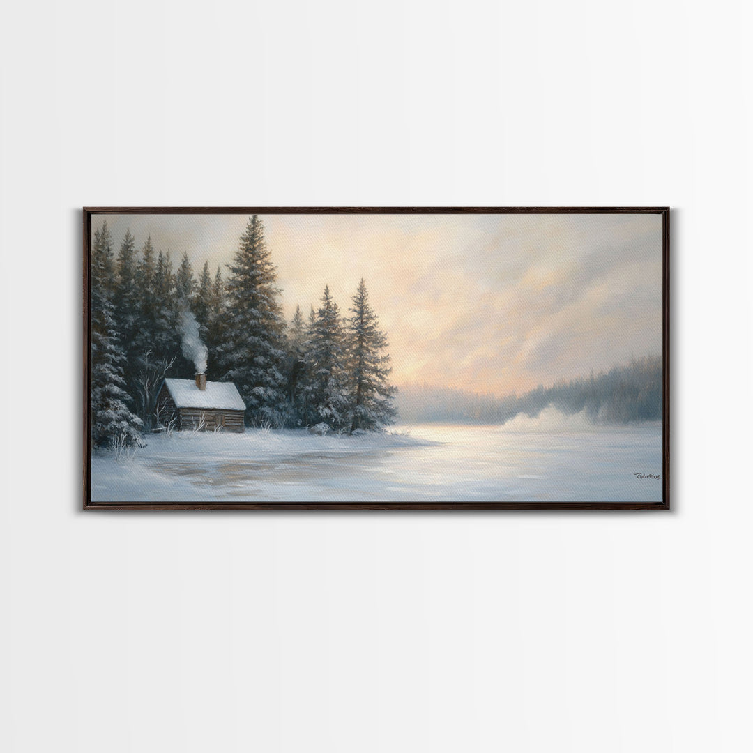 Winter Cabin By The Lake Tall Art Framed Canvas Print Snow Covered Cabin In Peaceful Forest With Winter Wonderland Scene