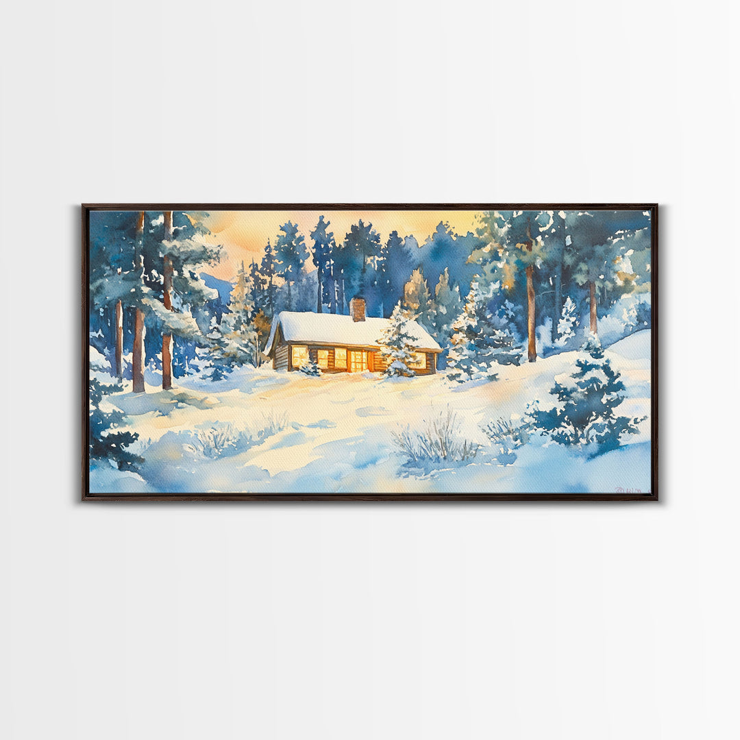 Winter cabin decor Framed Canvas Print snowy cabin and trees winter wonderland cozy holiday wall art gift idea Christmas home decor