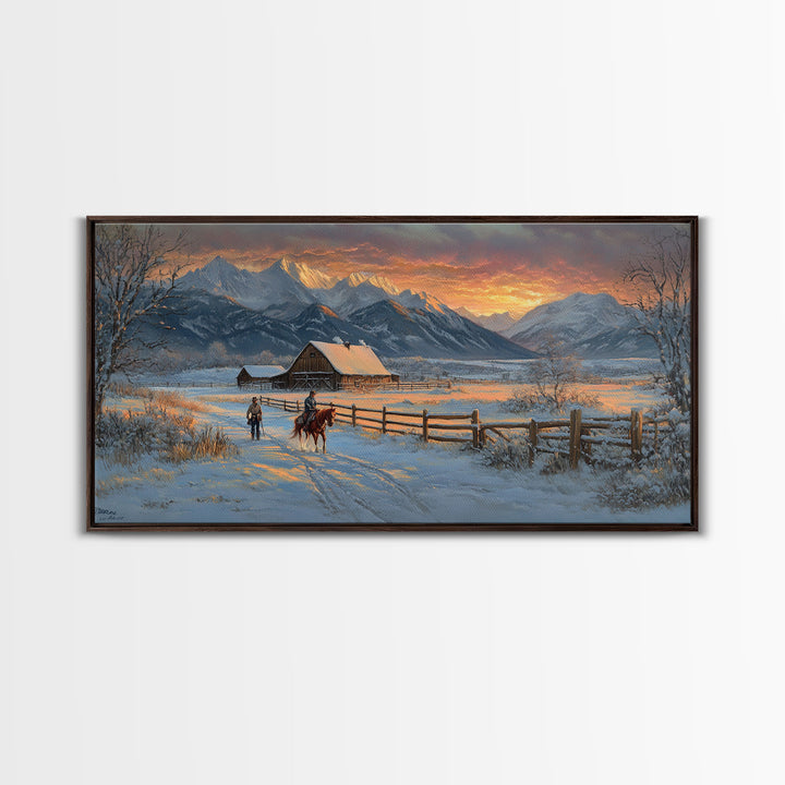 Dawn on the Frontier - Christmas scene art, winter wonderland, rustic Christmas art, Christmas farmhouse decor, snowy mountain art