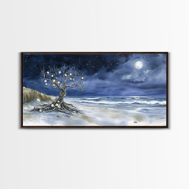 Moonlit Sea and the Tree of Ornaments - tropical Christmas, Christmas decor, Christmas wall art, Nordic Christmas decor, Christmas outdoor